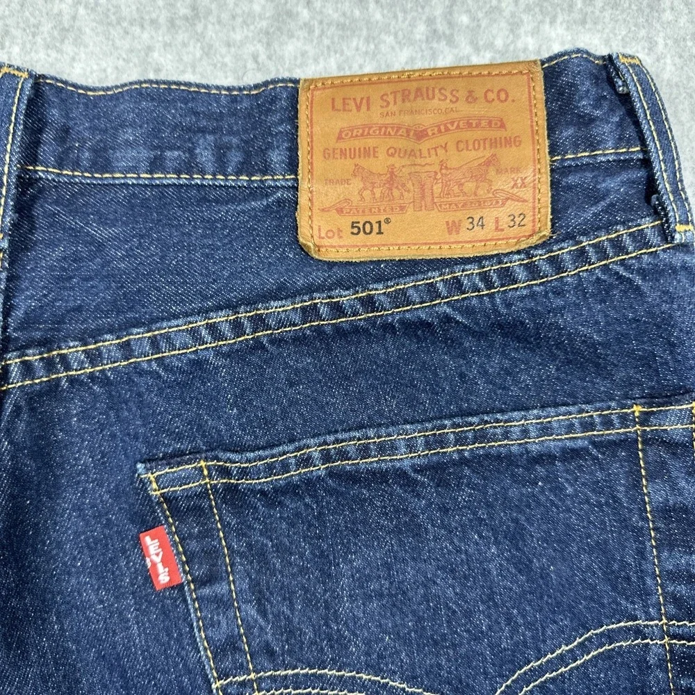 Levi's 501 Men's Big E Premium Jeans Button Fly Dark Wash Leather Patch 34x32